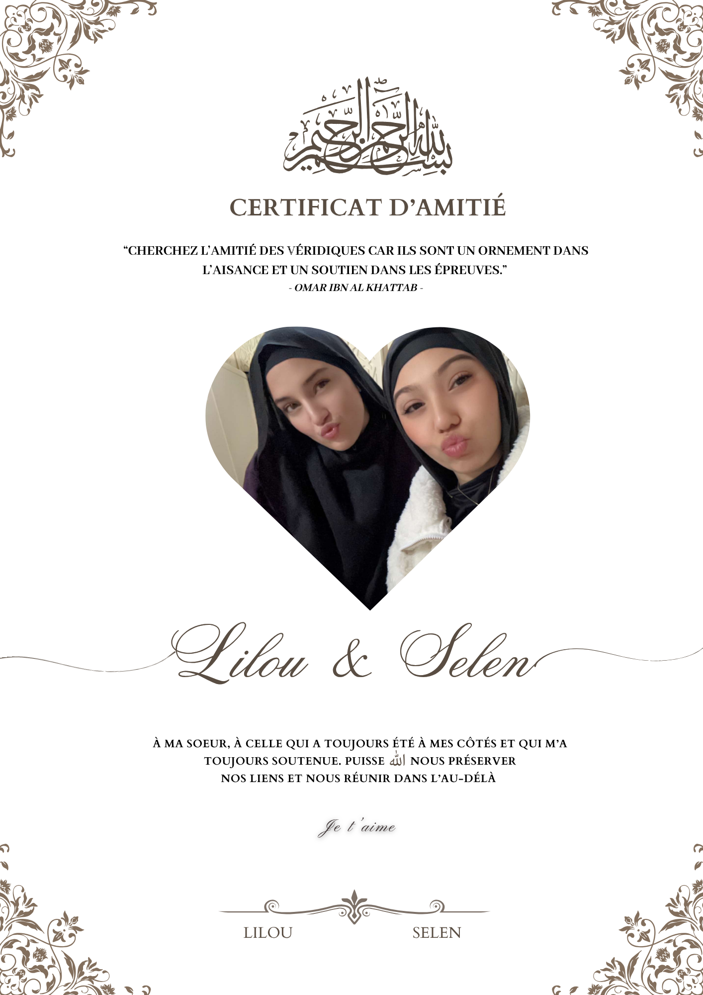Certificat Amitié — Avec photo · Studio
