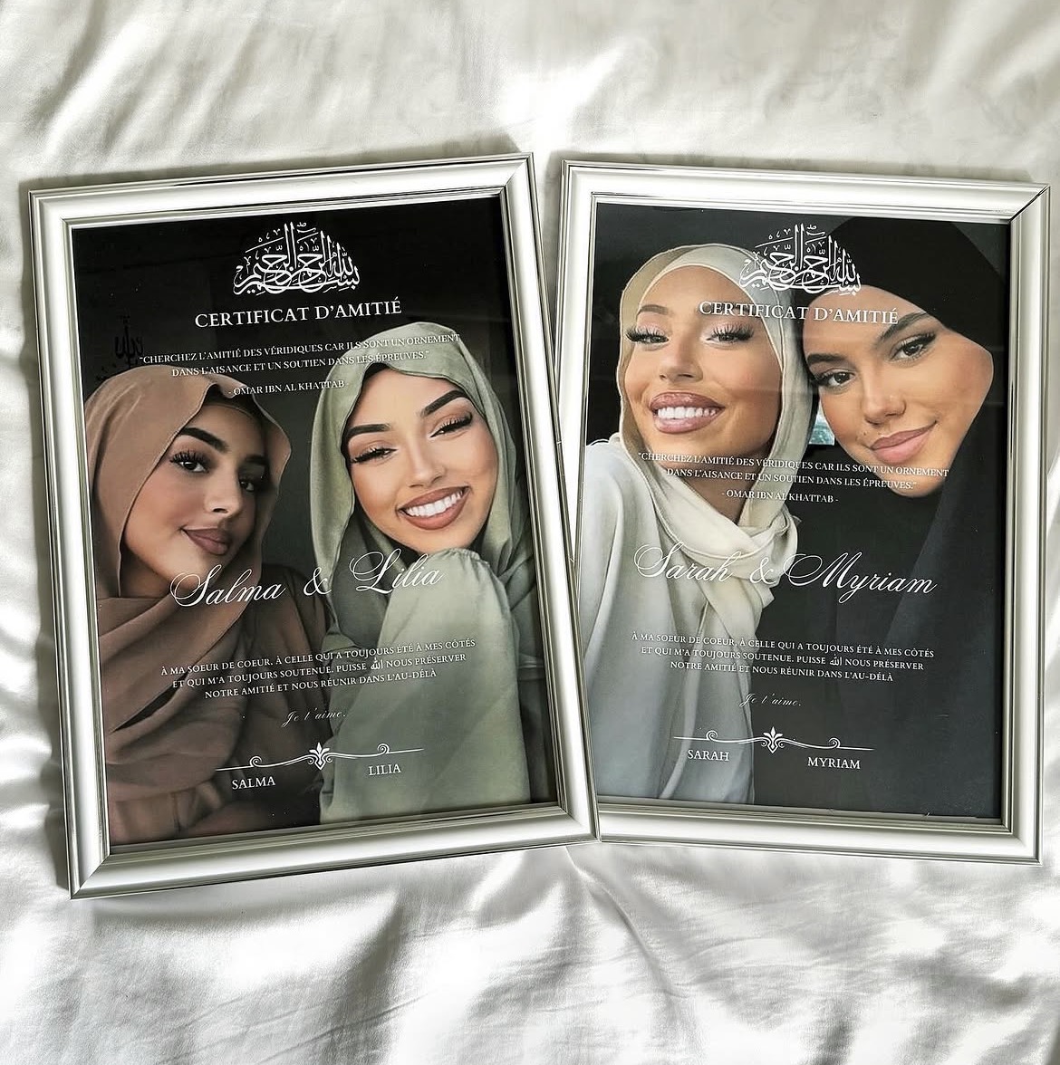 Certificats d'amitié encadrés — Salma & Lilia, Sarah & Myriam